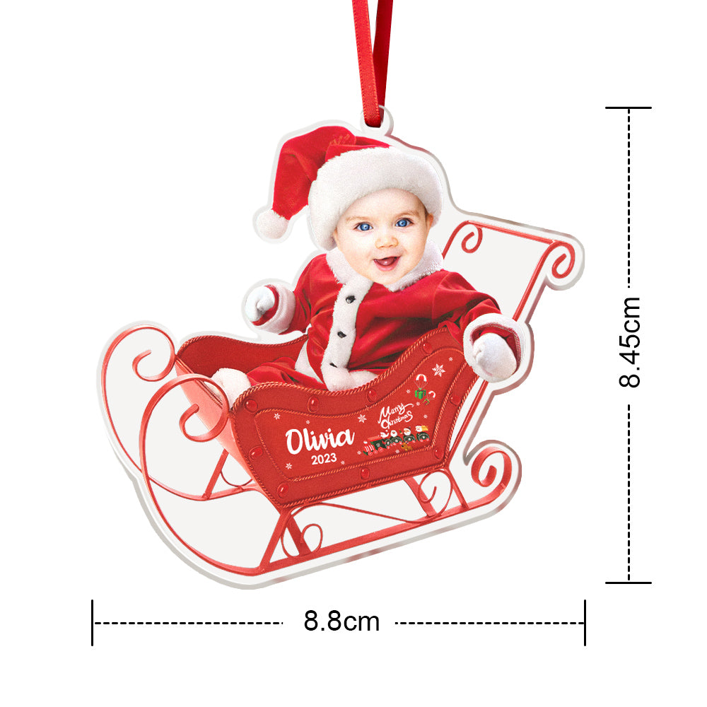 Custom Photo & Name Sleigh Acrylic Ornament – Personalized Christmas Tree Decoration