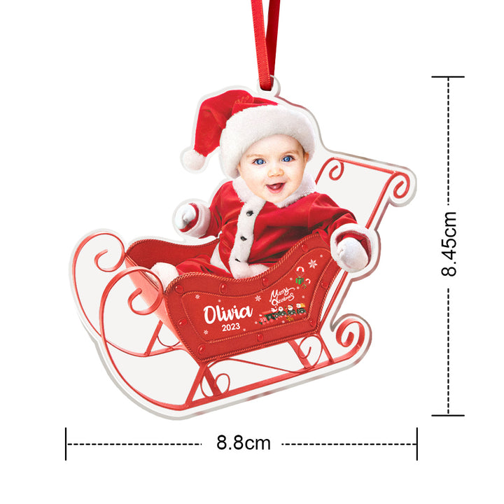 Custom Photo & Name Sleigh Acrylic Ornament – Personalized Christmas Tree Decoration