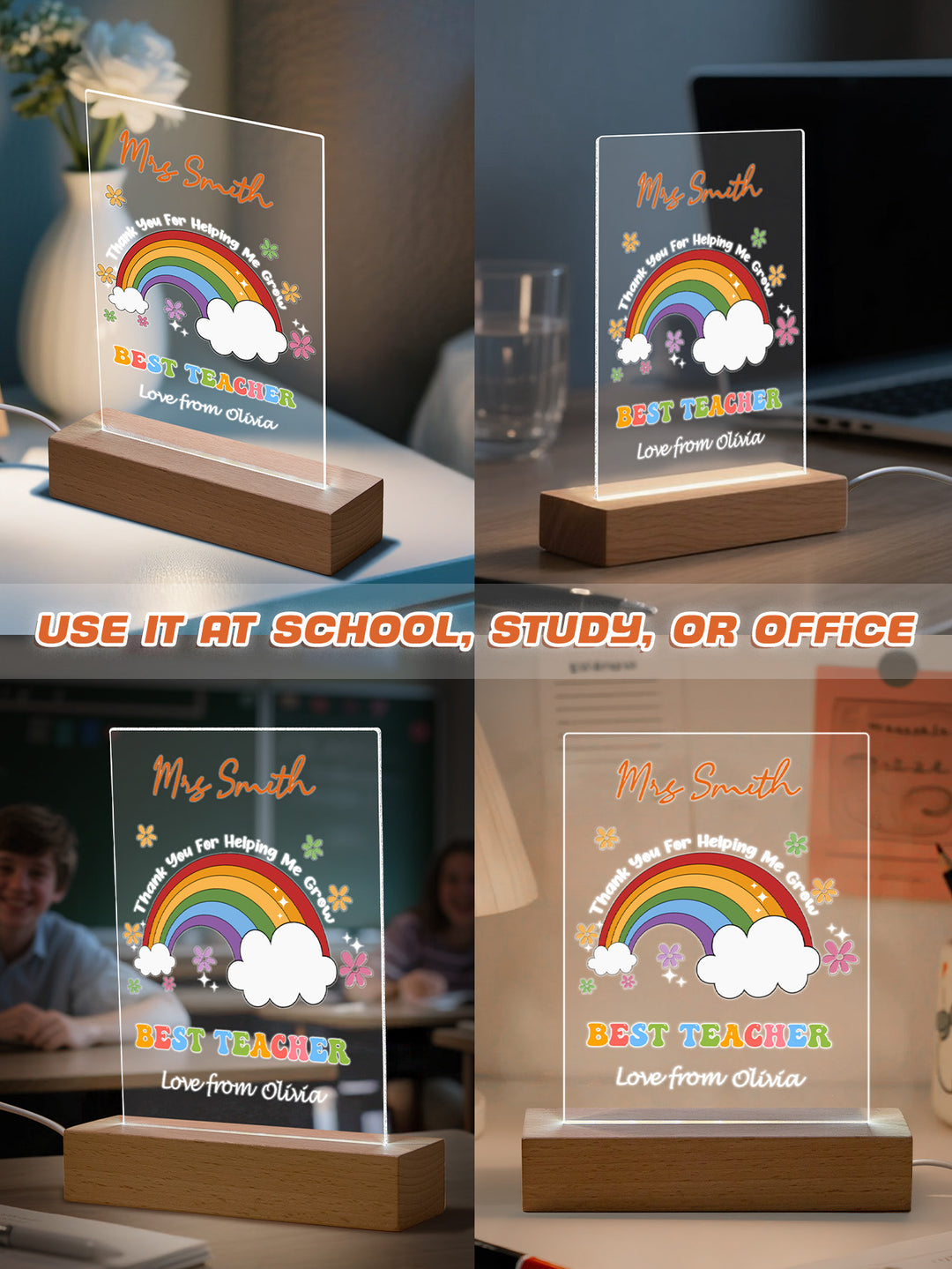 Custom Name Back to School Transparent Night Light with Rainbow Design White Light Teacher's Day Gift