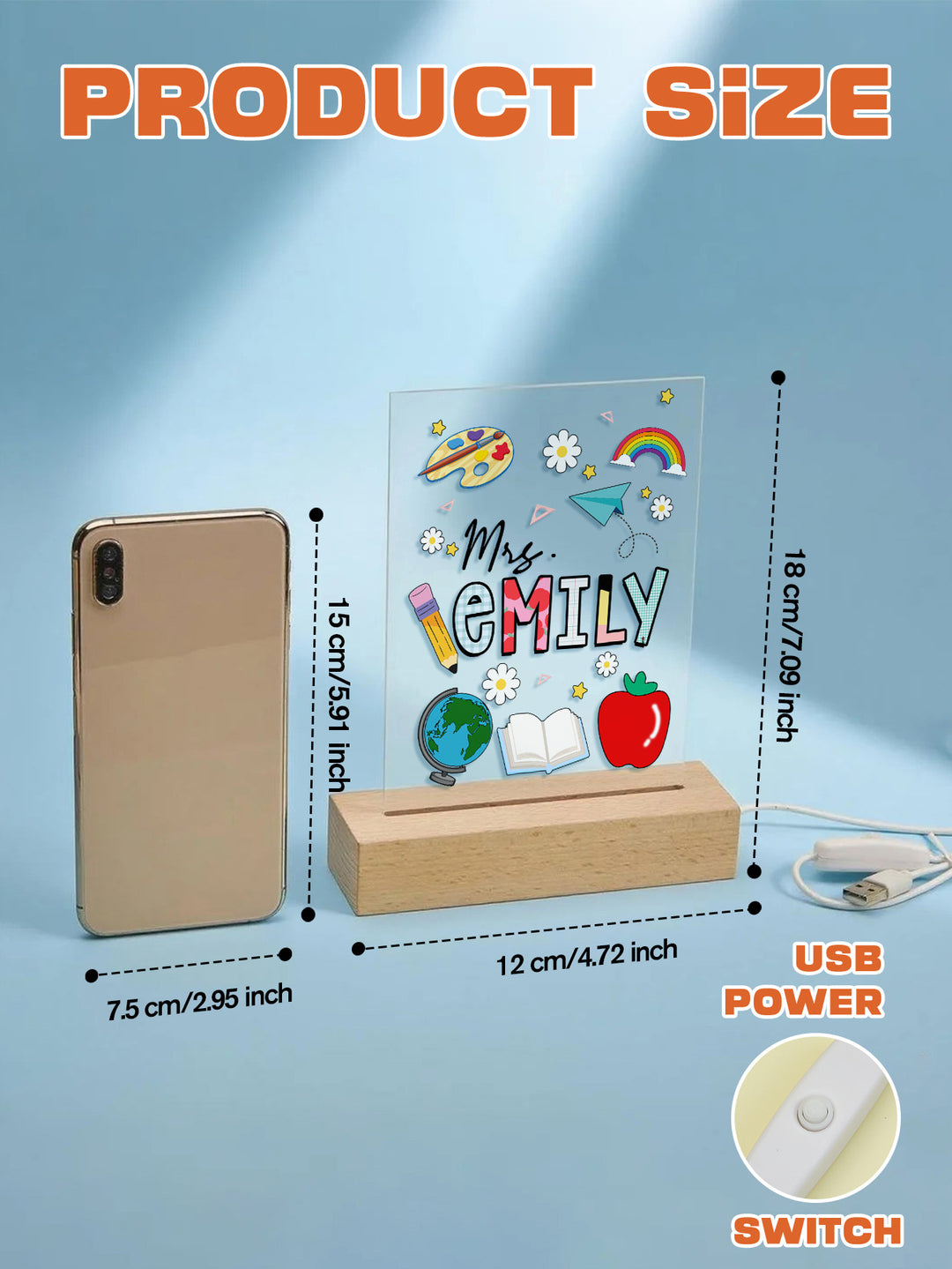 Custom Engraved Back to School Transparent Night Light with Stationery Design White Light Teacher's Day Gift