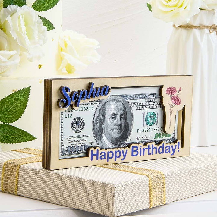 Custom Name & Text Birth Flower Wooden Money Box - Personalized Storage