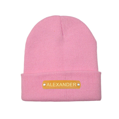 Custom Name Leather Patch Beanie Personalized Adult Winter Hat