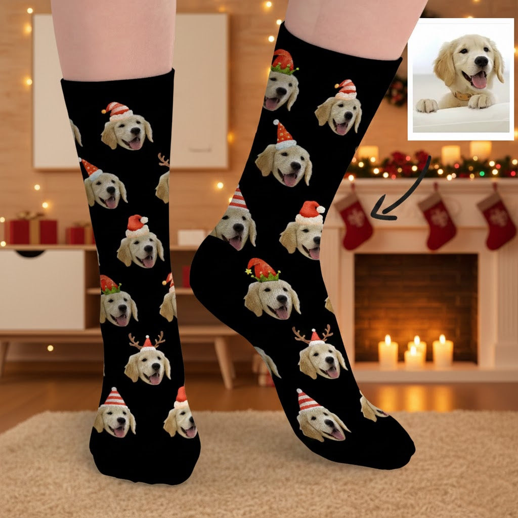 Merry Christmas Funny Design Custom Pet Face Socks
