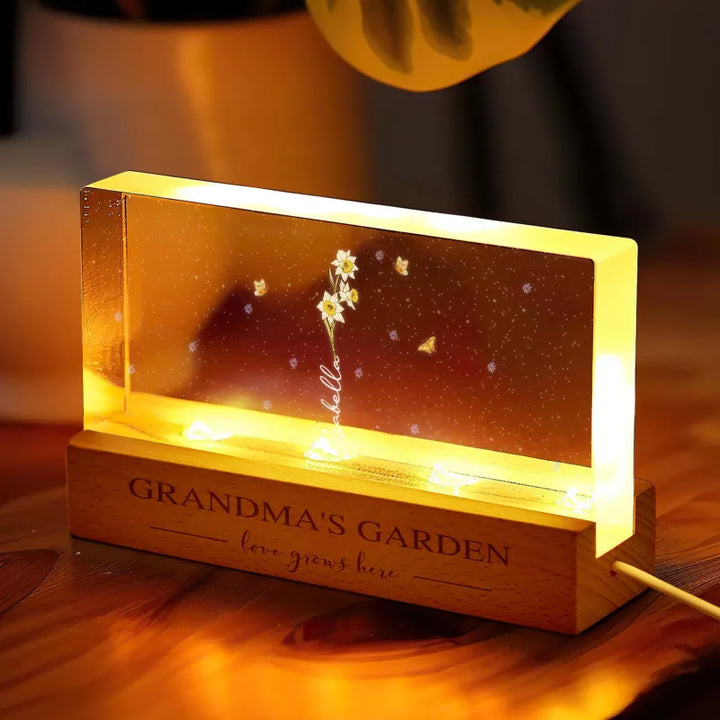 Grandma‘s Garden Birth Month Flowers Personalized Acrylic Block LED Night Light A Heartfelt Gift for Grandma’s Birthday Mother’s Day