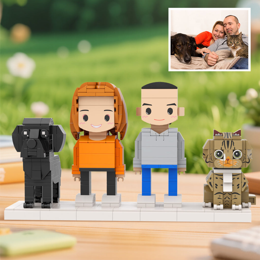 Custom Full-Body Cute Brick Figures of 2 People, Cat & Dog Personalized Anniversary Gift Birthday Gift