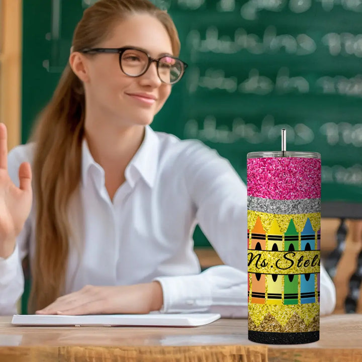 Personalized Glitter Apple 20oz Skinny Tumbler with Straw Back to School Appreciation Gift for Teacher