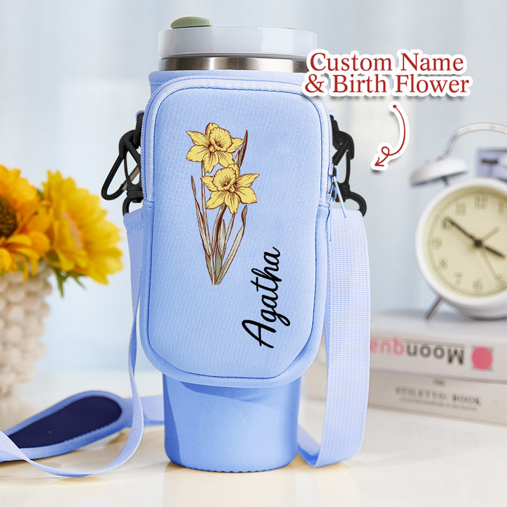 Personalized Birth Flower Waterproof Bottle Carrier Bag with Removable Pouch for 40oz Stanley Tumbler Gift for Women