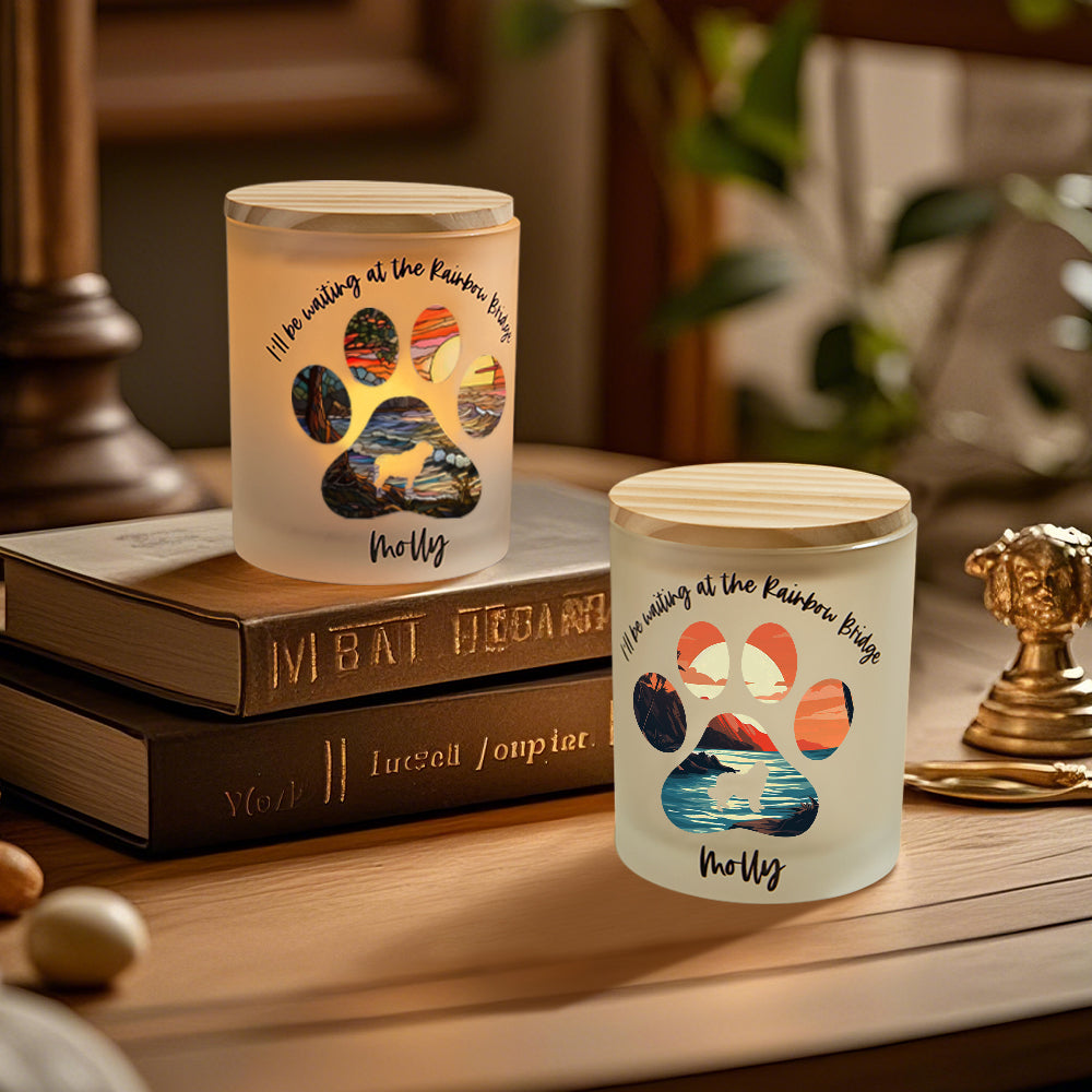Personalized Dog Silhouette Rainbow Bridge Paw Candle Jar with LED Candle Memorial Gift for Pet Lover