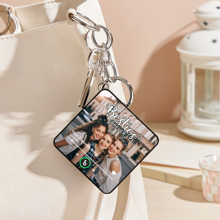 FridgeBeats Custom Photo Besties Theme Music Keychain Music Box Bag Charm That Plays Music Without Cell Phone Best Gift for Friends