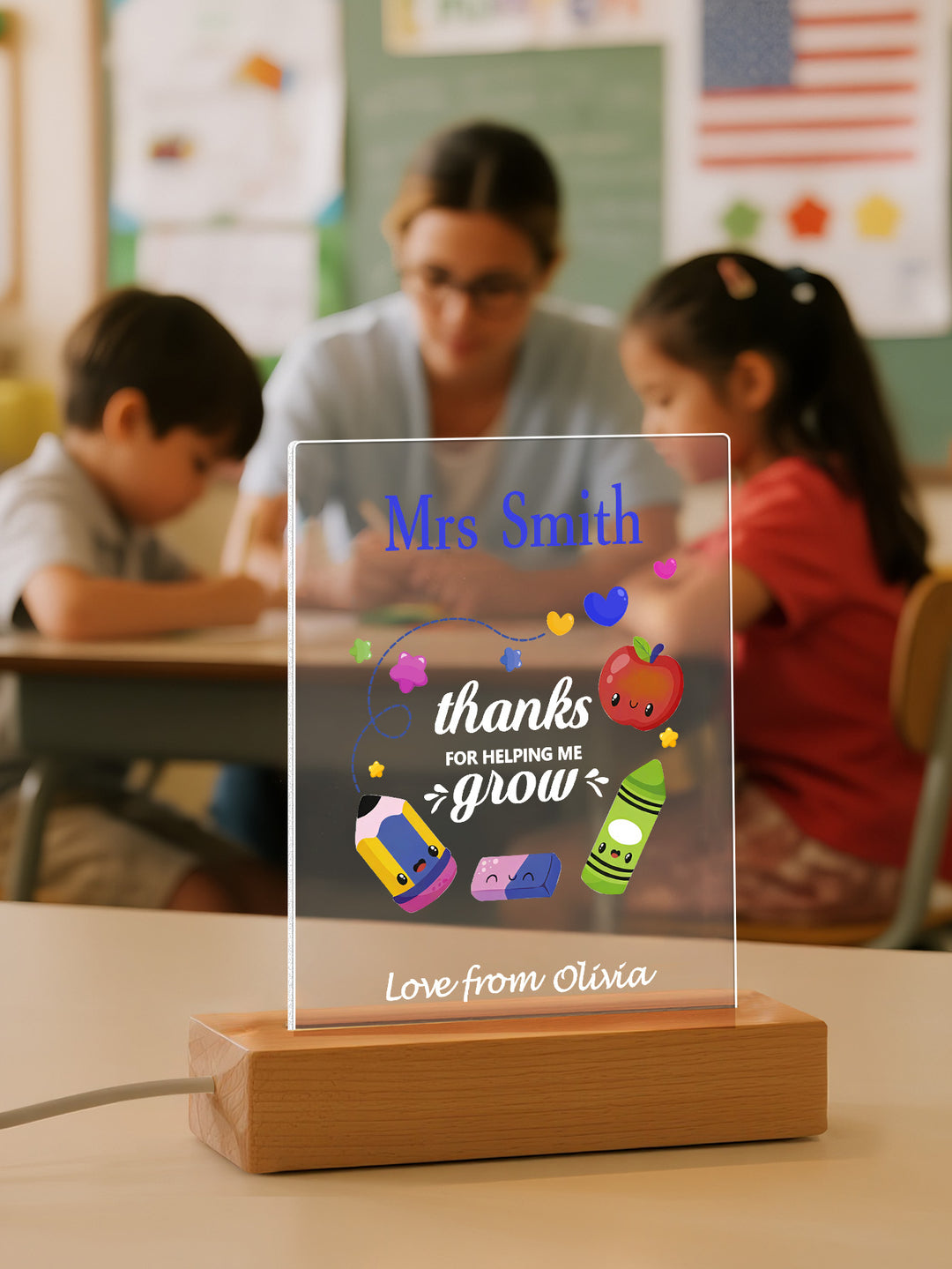 Custom Engraved Back to School Transparent Night Light with Pencil Design White Light Teacher's Day Gift