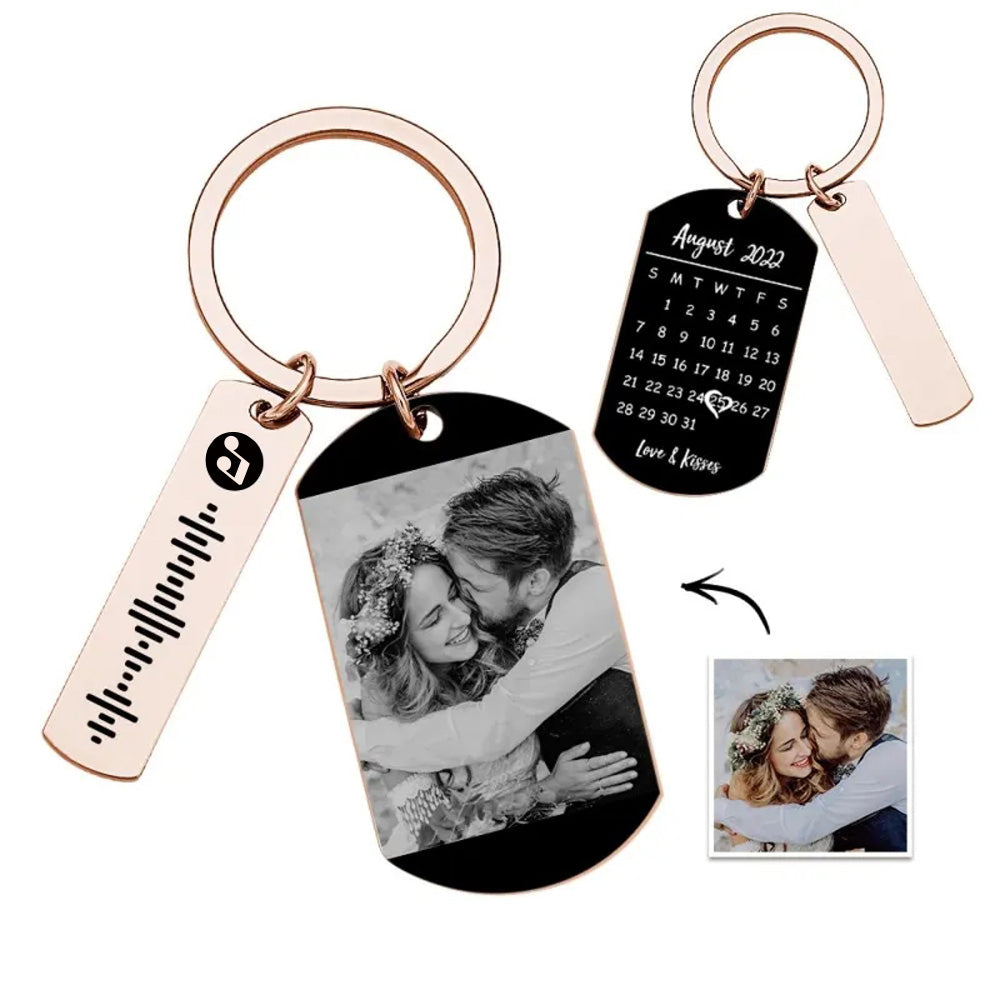 Personalized Photo Calendar Keychain Custom Picture & Music Song Code Couples Photo Keyring Gifts for Valentine's Day