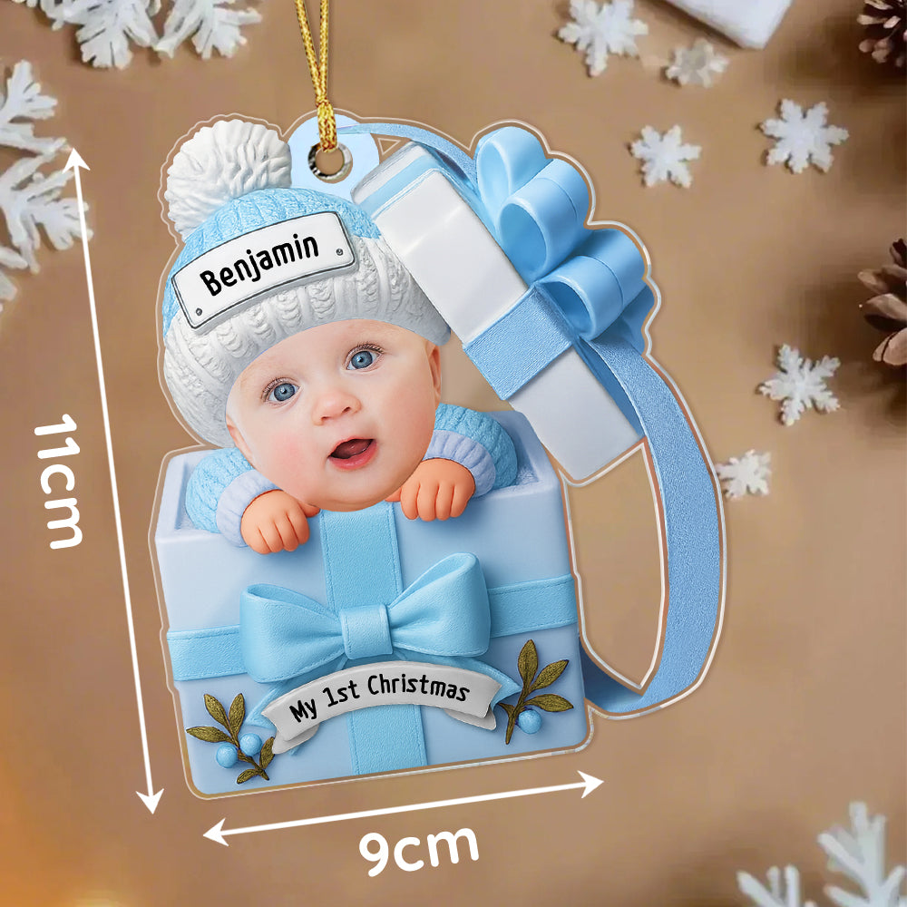 Custom Baby Face & Text Acrylic Ornament – Baby in Gift Box Design Personalized Christmas Keepsake for Newborns