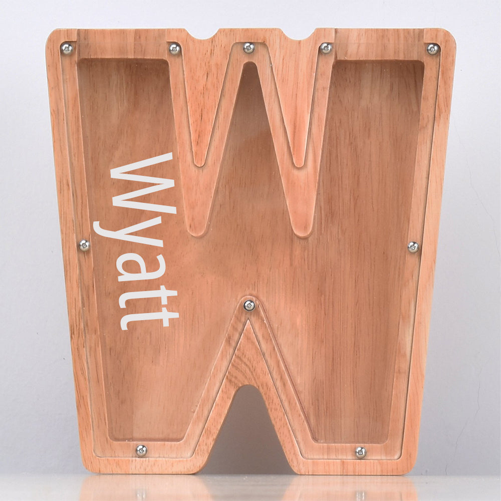 Custom Engraved Name Oak Wooden Letter Piggy Bank