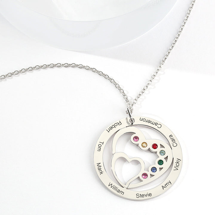 Round and Heart Engraved Necklace with Custom Birthstones