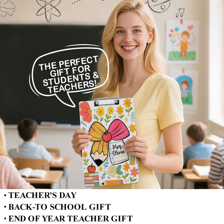 Custom Text Name Folder with Flower, Pencil & Bow Design – Teacher's Day & Back to School Gift