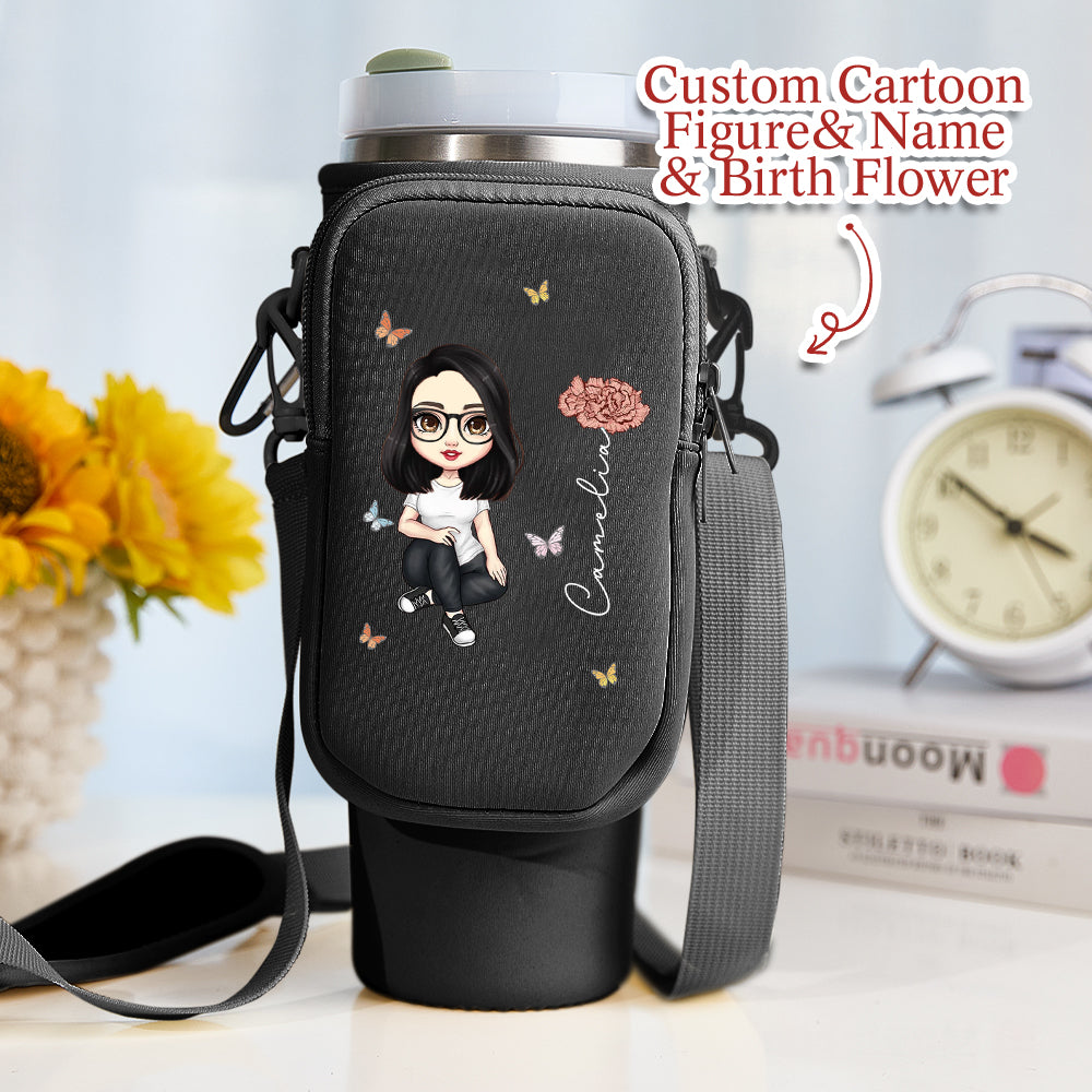 Personalized Cartoon Birth Flower Waterproof Bottle Carrier Bag for 40oz Stanley Tumbler Gift for Her