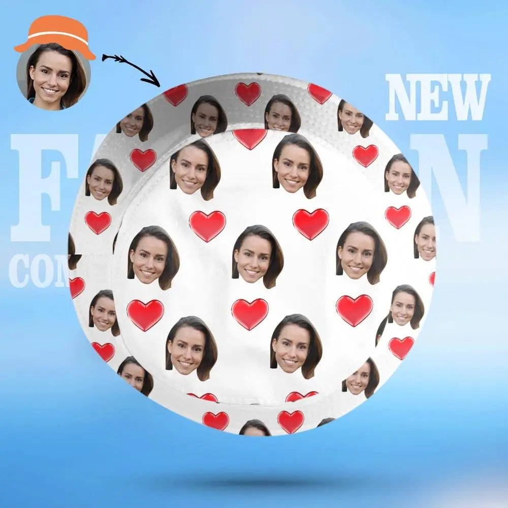 Custom Face Bucket Hat Personalized Heart Print Summer Unisex Fisherman Hat