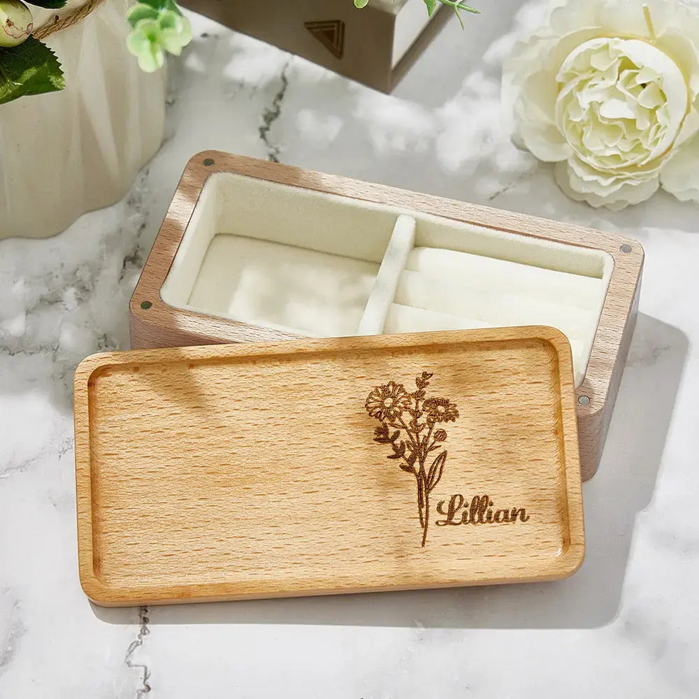 Personalised Birth Flower Jewellery Box Custom Name Jewellery Organizer Gift for Her