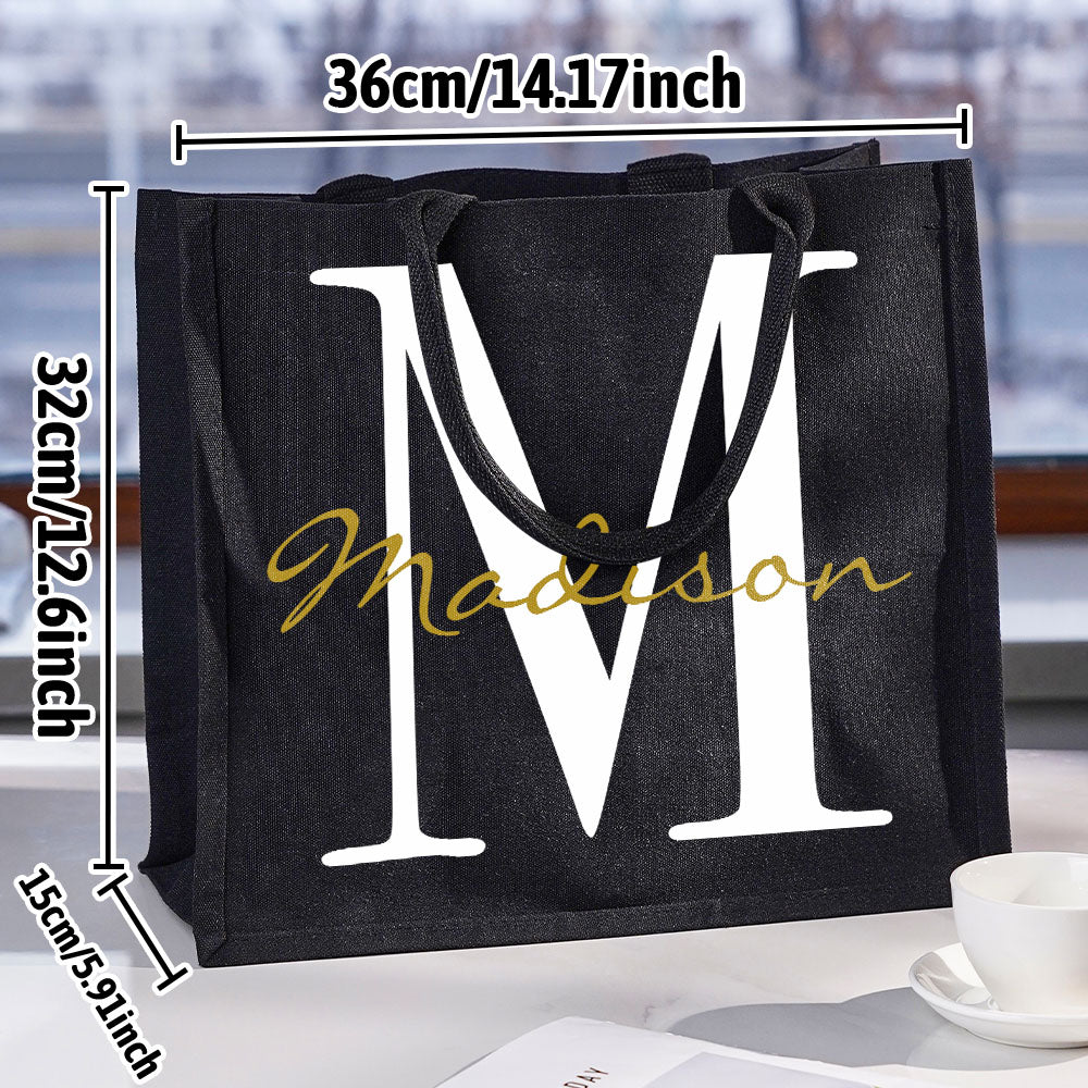 Personalized Black Canvas Bag with Name and Initial Birthday Wedding Party Gift for Women