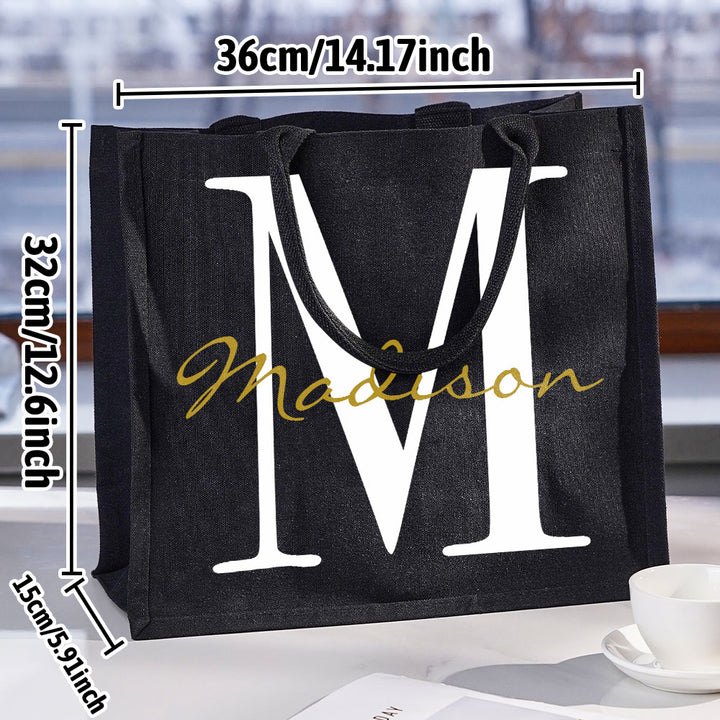 Personalized Black Canvas Bag with Name and Initial Birthday Wedding Party Gift for Women