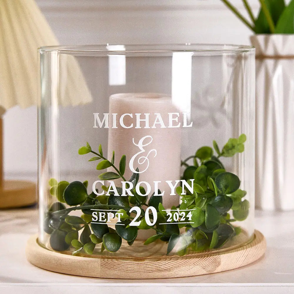 Personalized Wedding Hurricane with Wood Base Candle Holder Wedding Decor Gifts
