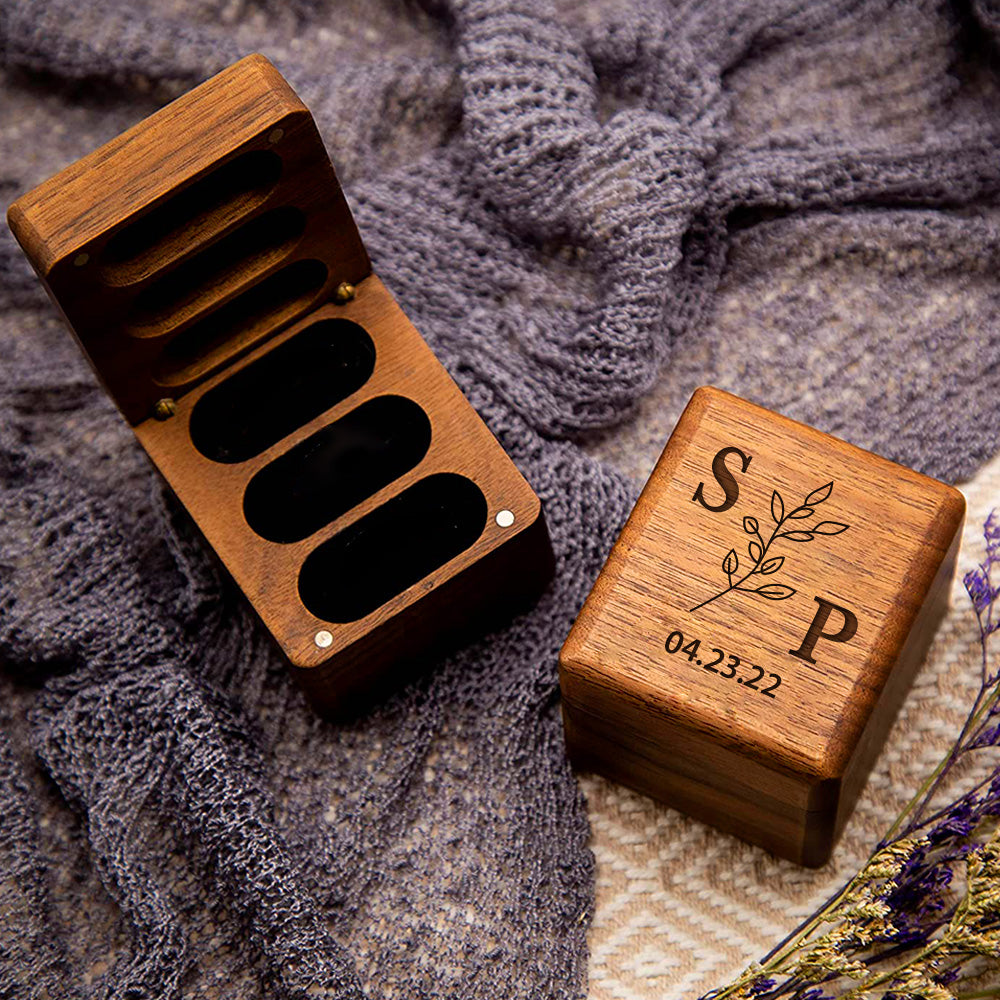 Personalized Triple Slot Ring Storage Wedding Engagement Proposal Wood Ring Box