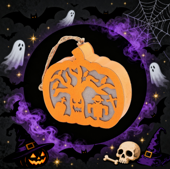 Halloween Haunted Tree Scene Wooden Pumpkin Light – Spooky Home Decor & Party Supplies
