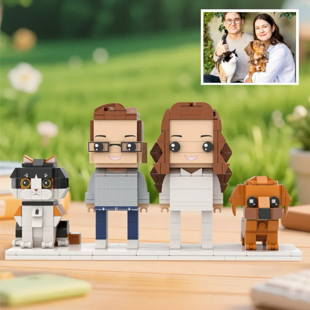 Custom Full-Body Brick Figures of 2 People with Cute Dog and Cat Personalized Anniversary Gift Birthday Gift