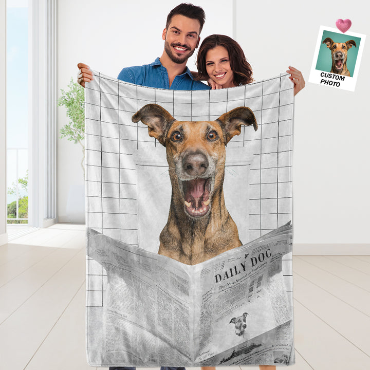 Custom Funny Pet Portrait Blanket Dog Read Newspaper in Toilet Blanket