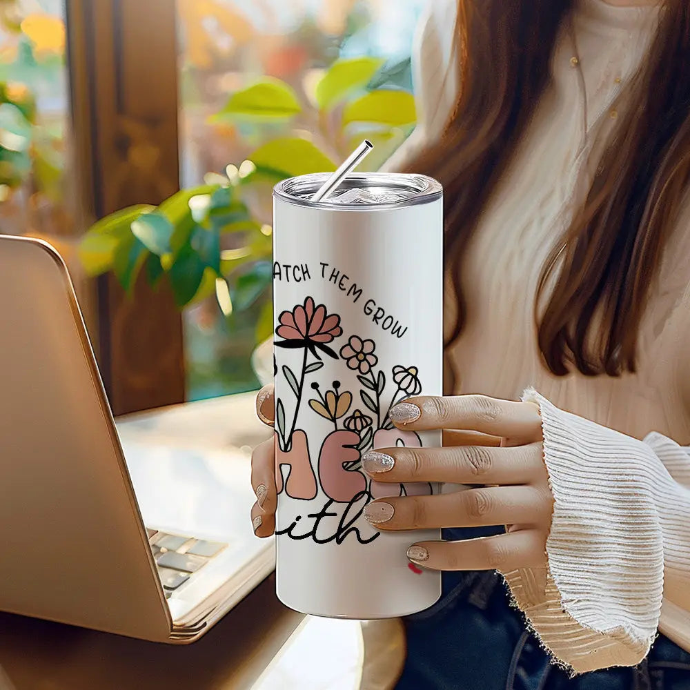 Personalized Wildflowers 20oz Name Skinny Tumbler with Straw Appreciation Gift for Teacher Back to School Gift