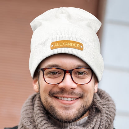 Custom Name Leather Patch Beanie Personalized Adult Winter Hat