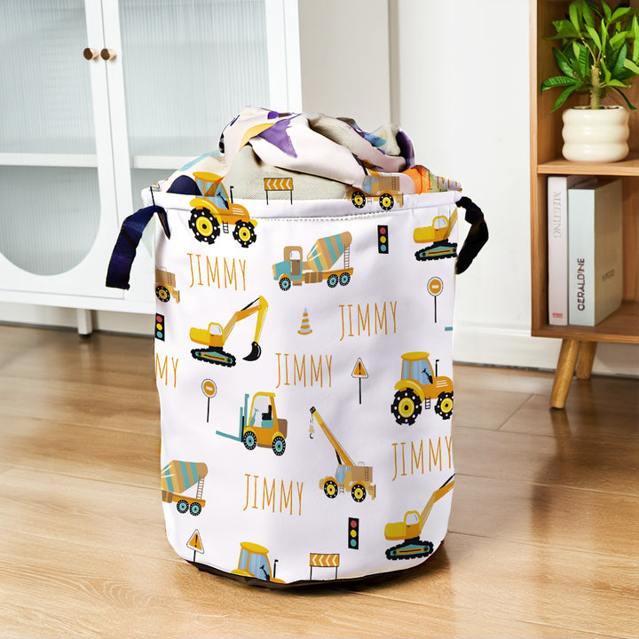 Personalized Work Vehicles Construction Trucks Toy Laundry Basket with Name Storage Basket Gift for Family Kids