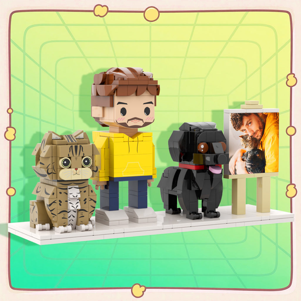 Custom Full-Body Cute Brick Figures of 1 Person, Cat & Dog with Frame Personalized Anniversary Gift Birthday Gift