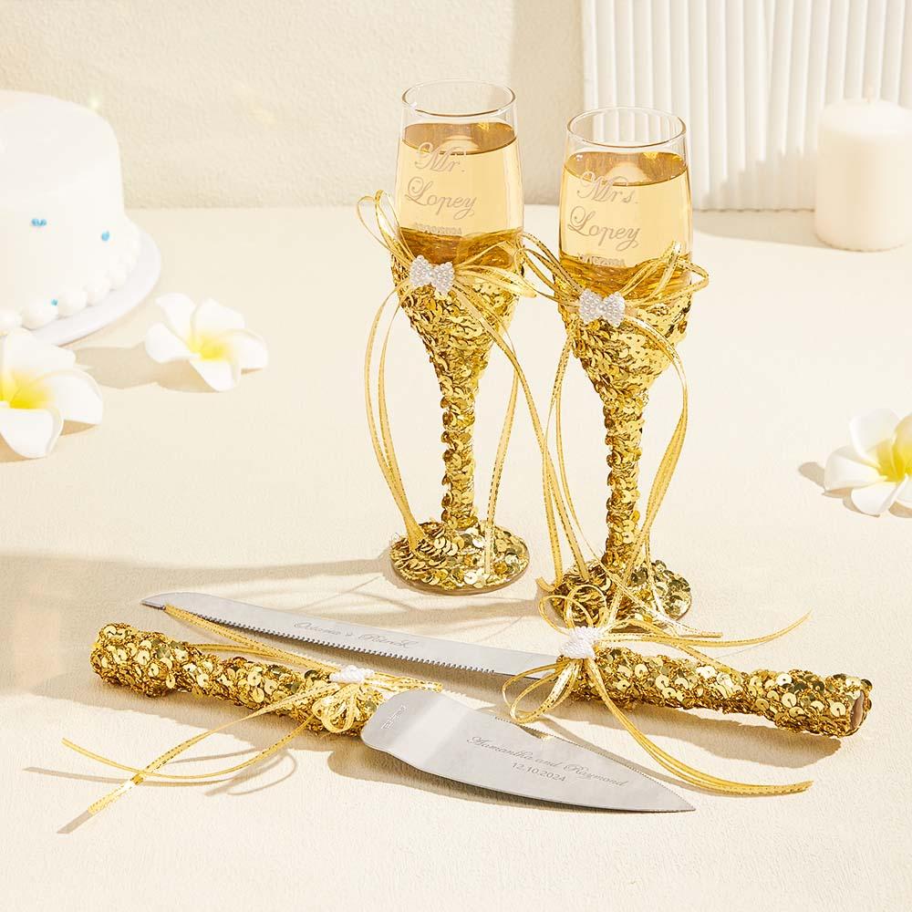 Personalized Champagne Flutes and Cake Server Set for Bride and Groom Wedding Gift