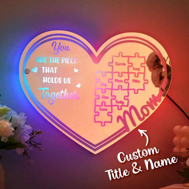 Personalized Mom You Are the Piece That Holds Us Together Mirror Light Puzzle Piece Sign Mother's Day Gifts