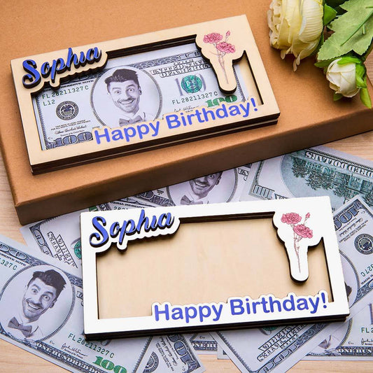 Custom Name & Text Birth Flower Wooden Money Box - Personalized Storage