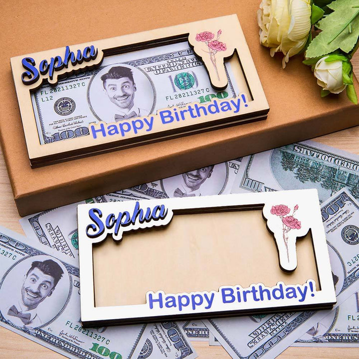 Custom Name & Text Birth Flower Wooden Money Box - Personalized Storage