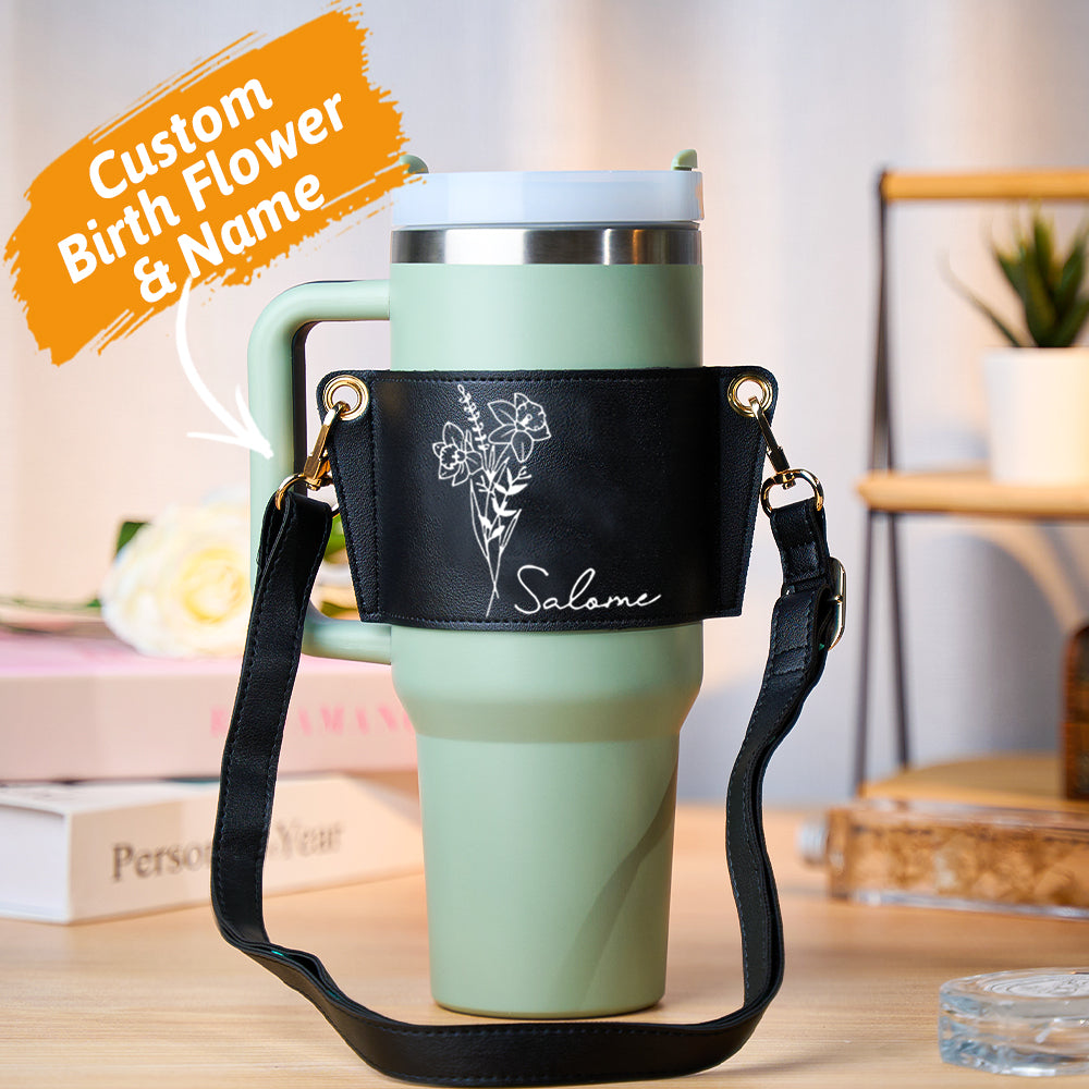 Personalized Birth Flower Water Bottle Carrier Bag for 40oz Stanley Tumbler Adjustable Strap Gift for Women