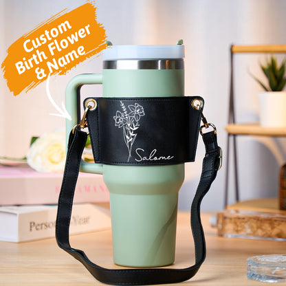 Personalized Birth Flower Water Bottle Carrier Bag for 40oz Stanley Tumbler Adjustable Strap Gift for Women