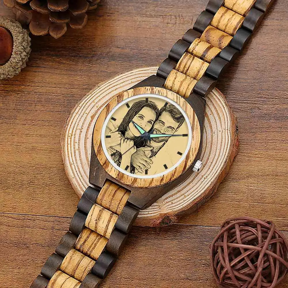 Custom Photo Engraved Wooden Men's Watch Wooden Strap 45mm