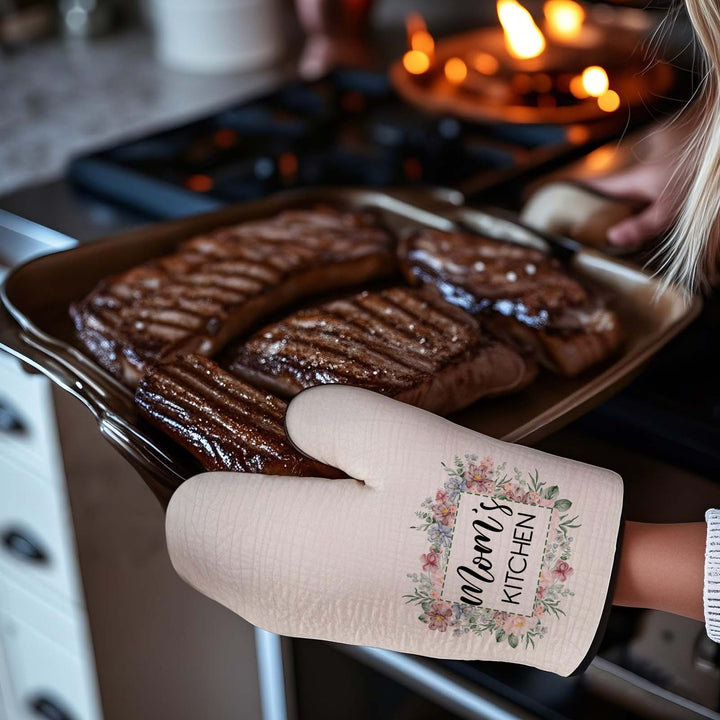 Personalized Flower Insulation Oven Mitt and Pot Holder Set with Text Kitchen Decor Gift for Mom