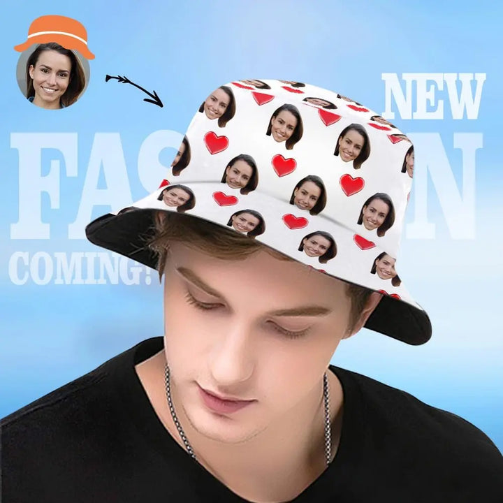 Custom Face Bucket Hat Personalized Heart Print Summer Unisex Fisherman Hat