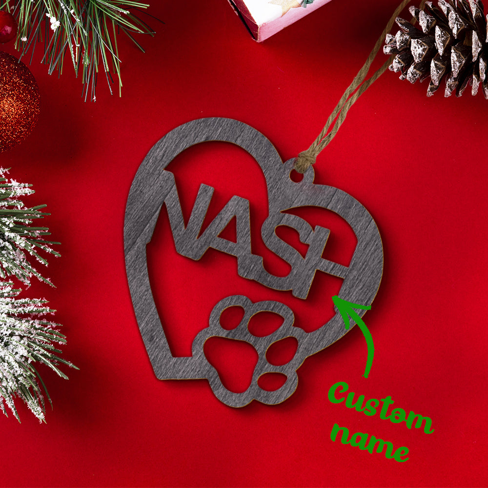Personalized Wood Heart Dog Paw Name Christmas Ornament