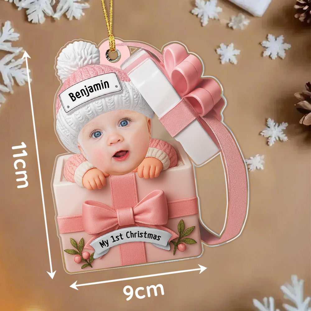 Custom Baby Face & Text Acrylic Ornament – Baby in Gift Box Design Personalized Christmas Keepsake for Newborns