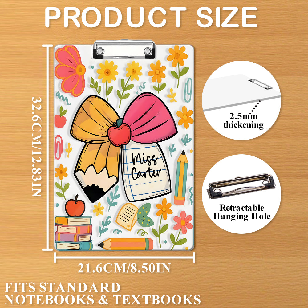 Custom Text Name Folder with Flower, Pencil & Bow Design – Teacher's Day & Back to School Gift