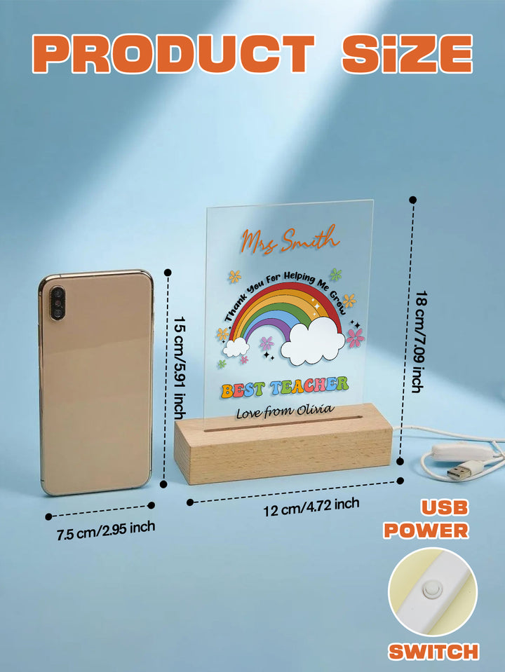 Custom Name Back to School Transparent Night Light with Rainbow Design White Light Teacher's Day Gift