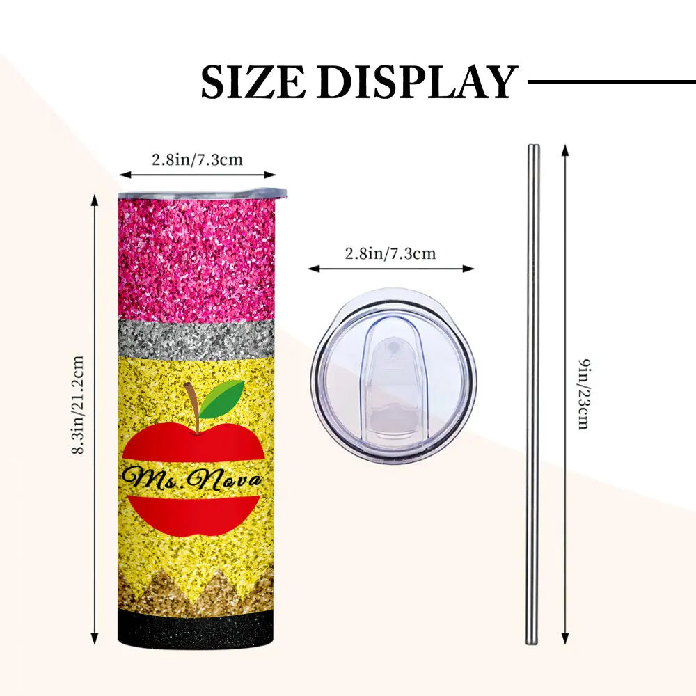 Personalized Glitter Apple 20oz Skinny Tumbler with Straw Back to School Appreciation Gift for Teacher