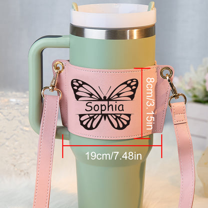 Personalized Butterfly Water Bottle Carrier Bag for 40oz Stanley Tumbler with Adjustable Strap Gift for Women