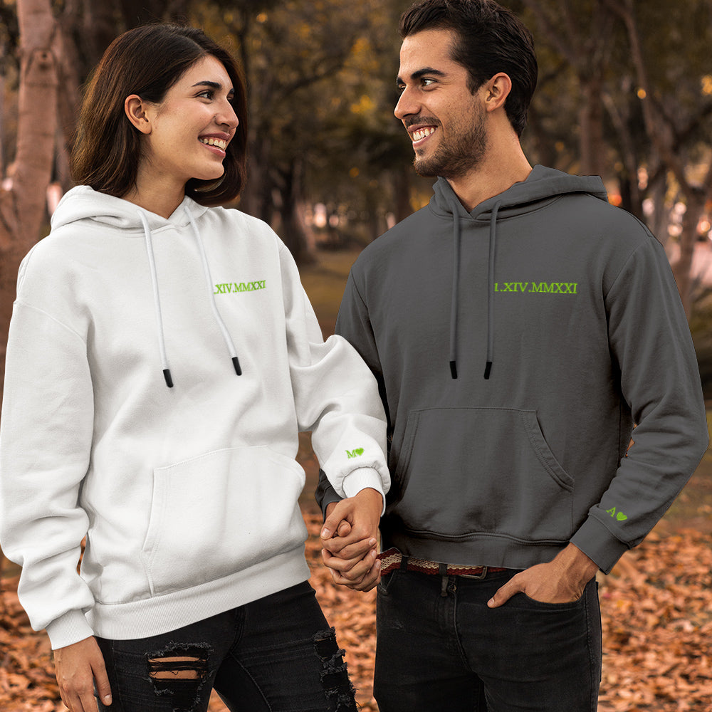 Custom Engraved Hooded Embroidery Round Neck Roman Numeral Date Couple Gifts