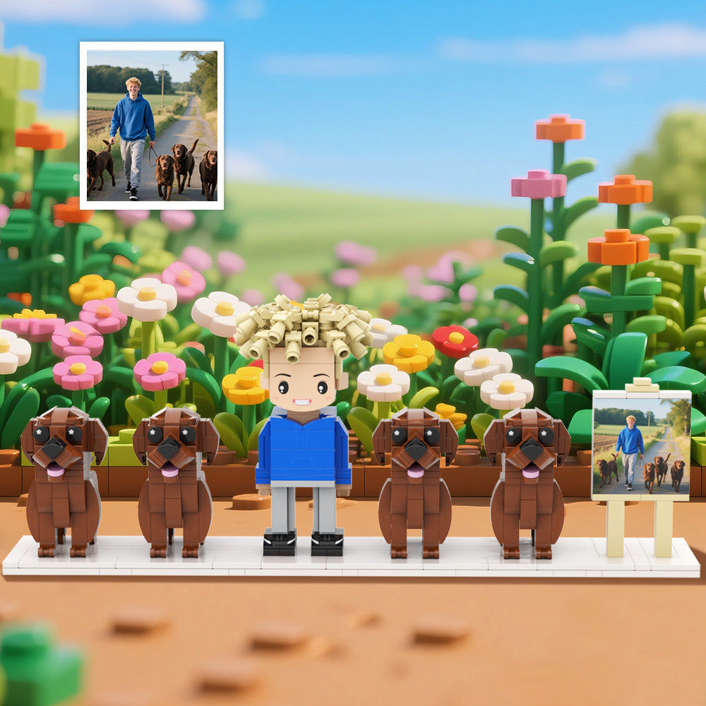 Custom Full-Body Cute Brick Figures of 1 Person and 4 Dogs with Frame Personalized Anniversary Gift Birthday Gift